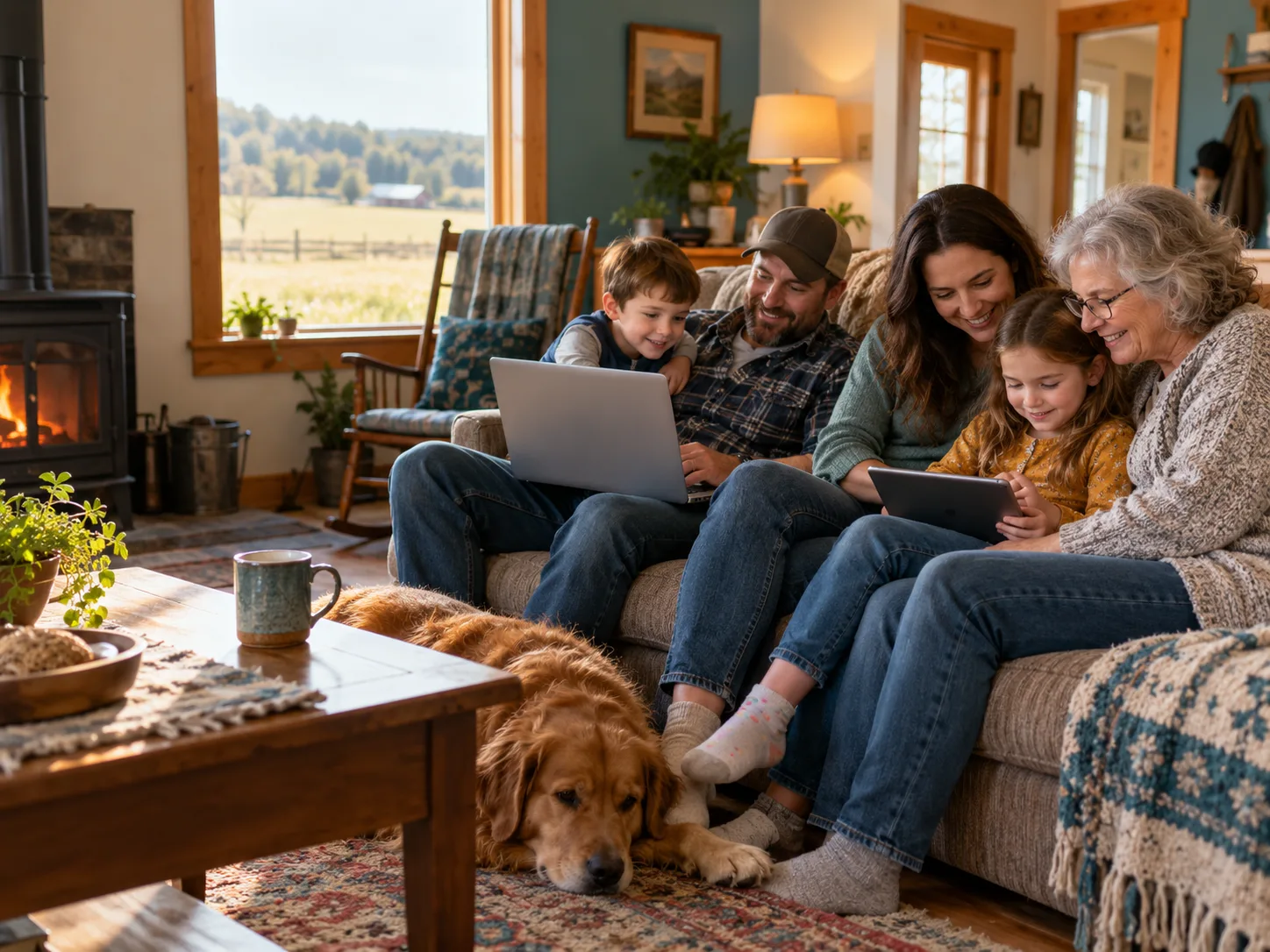 Family spending time together with a laptop and tablet at home