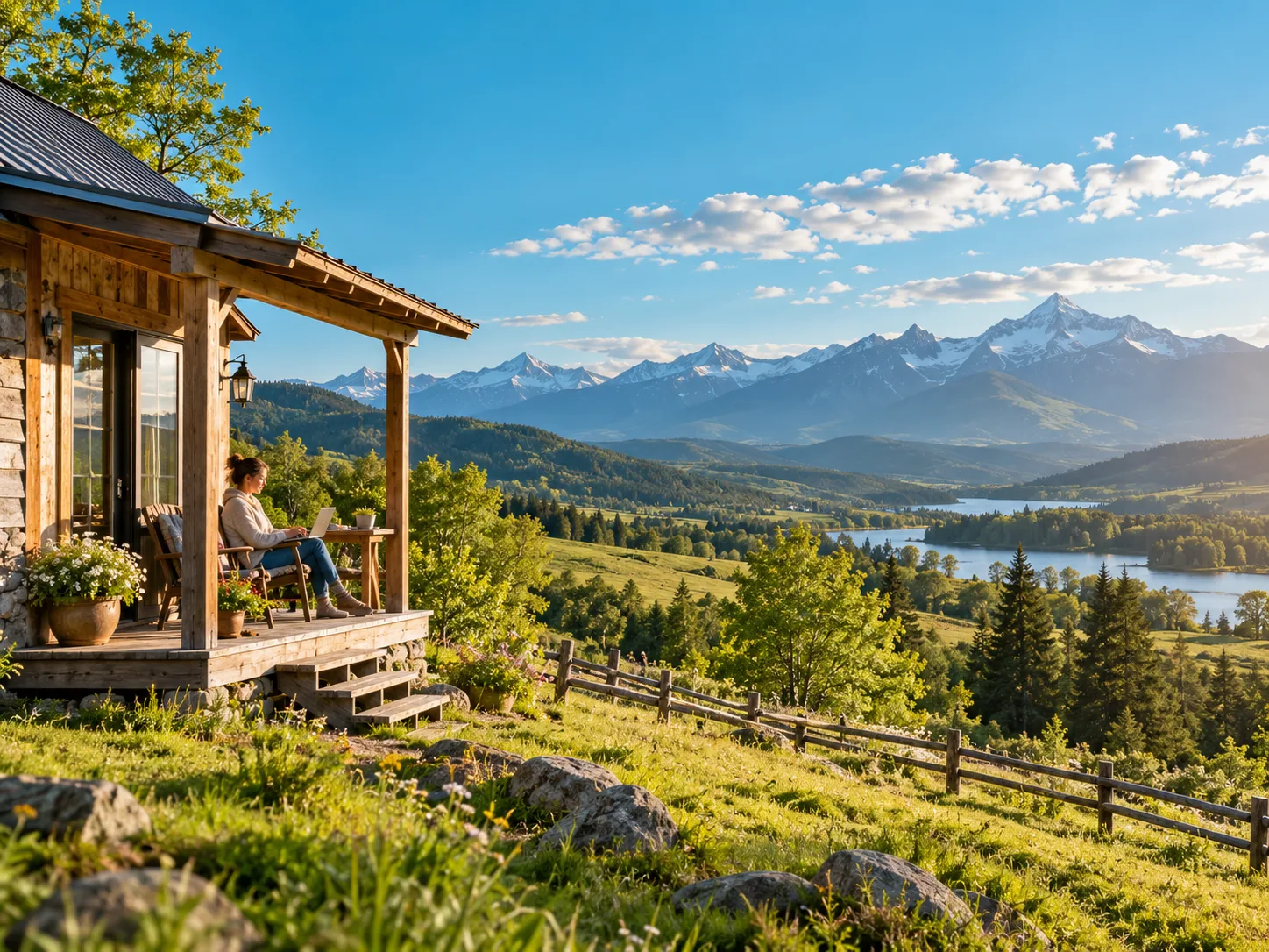 Person using a laptop at a cabin overlooking the countryside