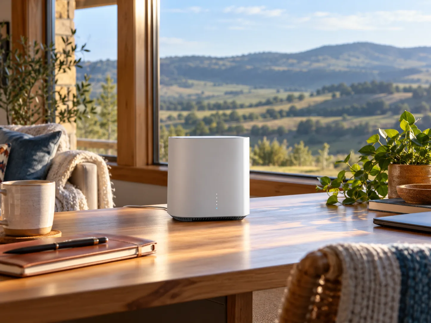 Home internet router beside a rural window